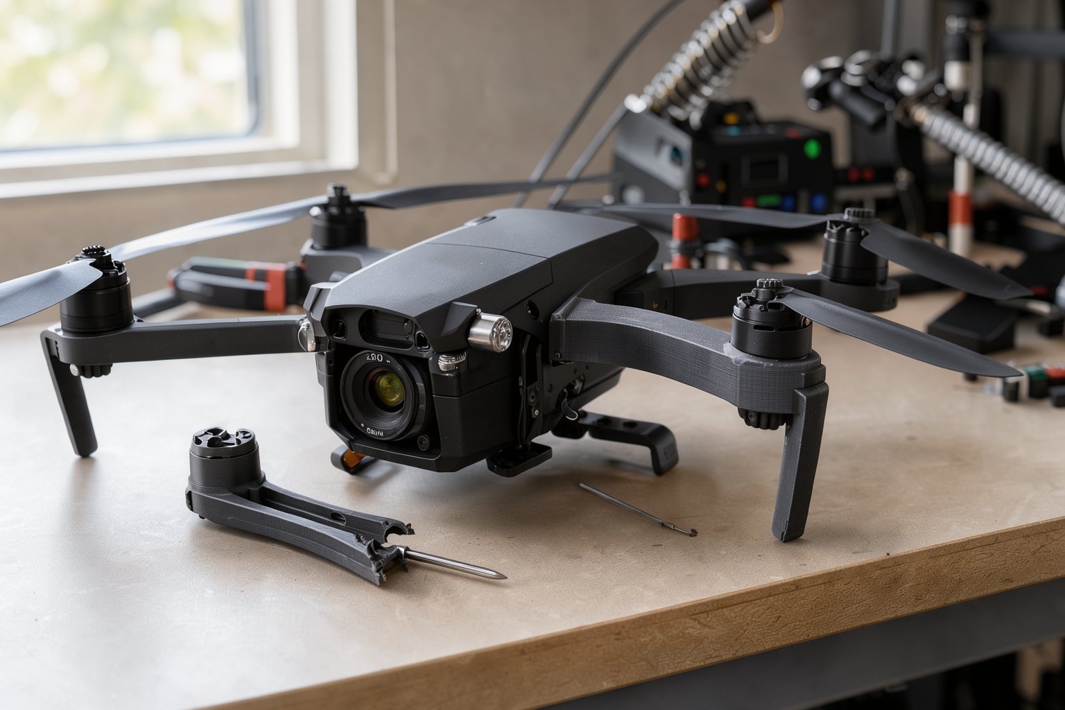 A drone with a new printed arm, the snapped original arm beside it