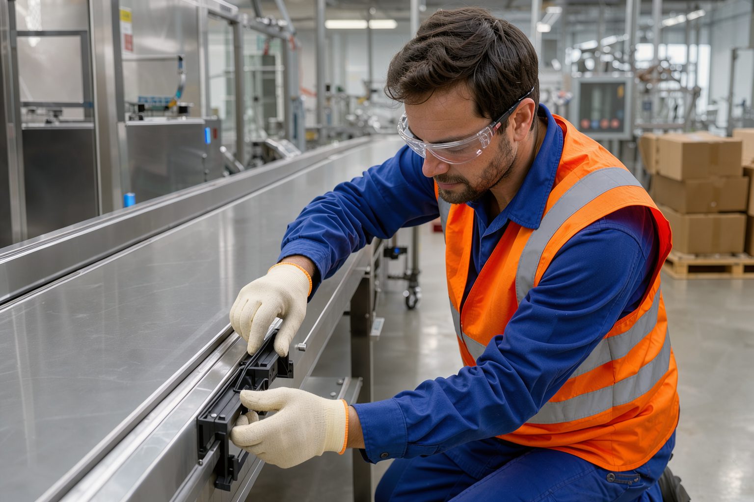 A maintenance technician fitting a part on a stopped conveyor line