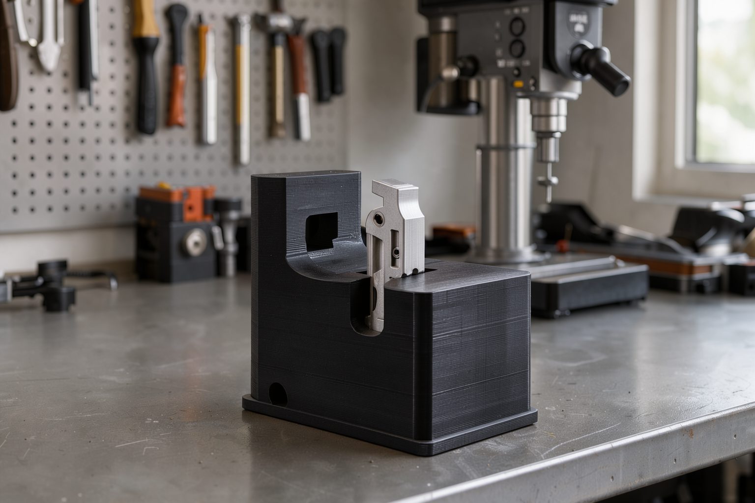 A black printed fixture holding an aluminium part on a workbench
