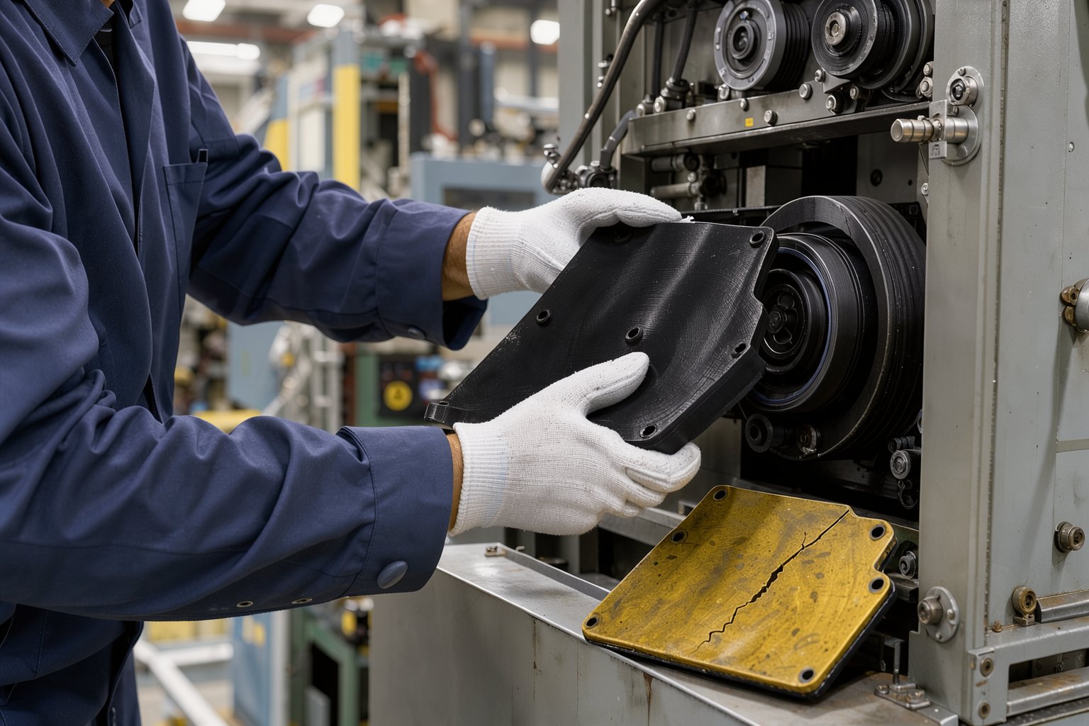 A technician fitting a new black belt cover on a machine, the cracked yellow original below